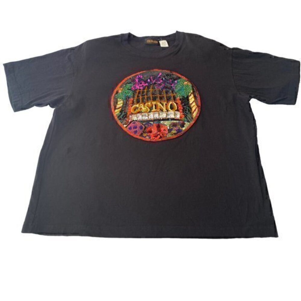 Vtg Las Vegas Casino T-Shirt By Colorado Black Sequin Graphic Shoulder Pads M